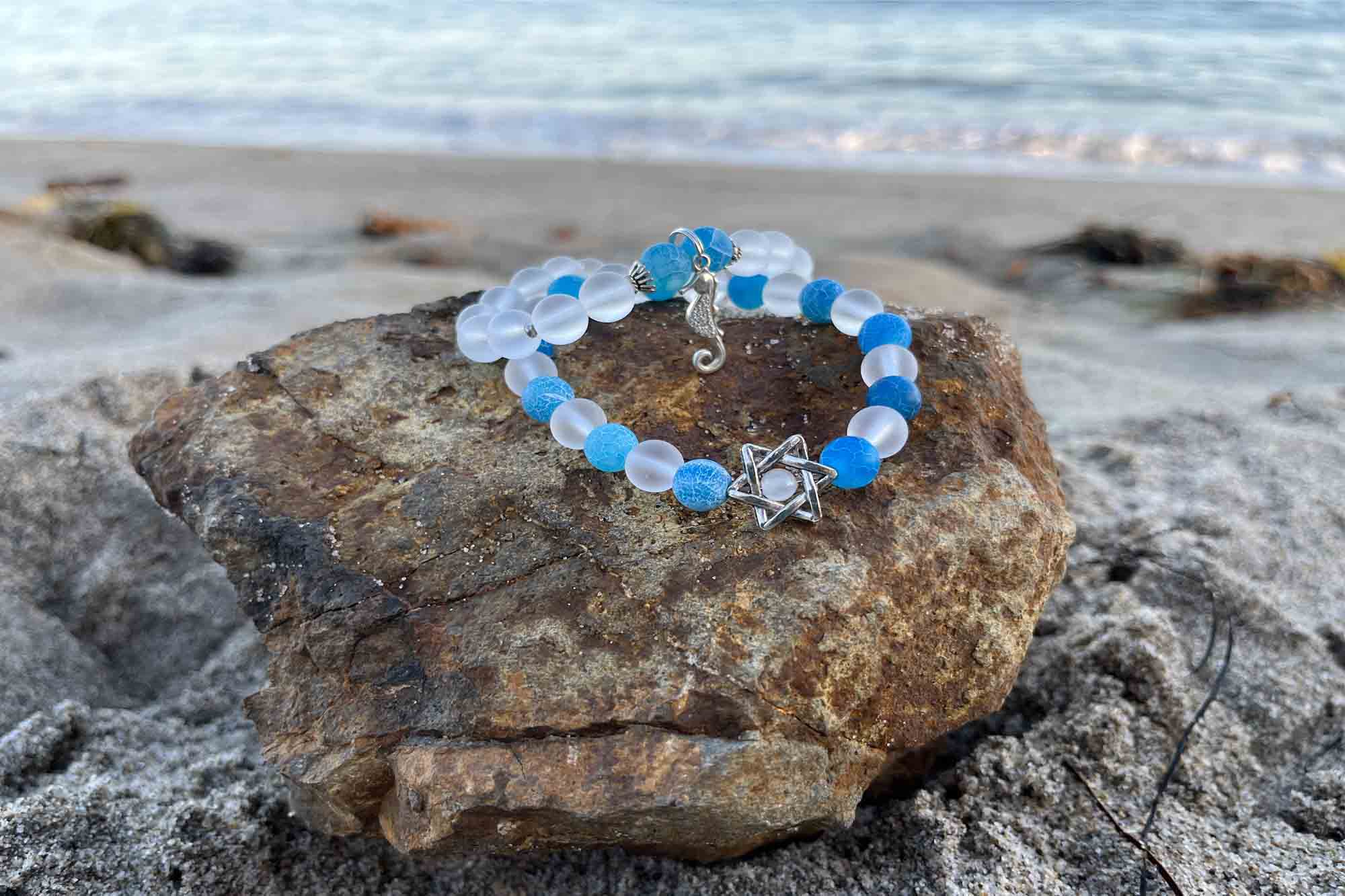 clear matte quartz bracelet star of david and blue agate