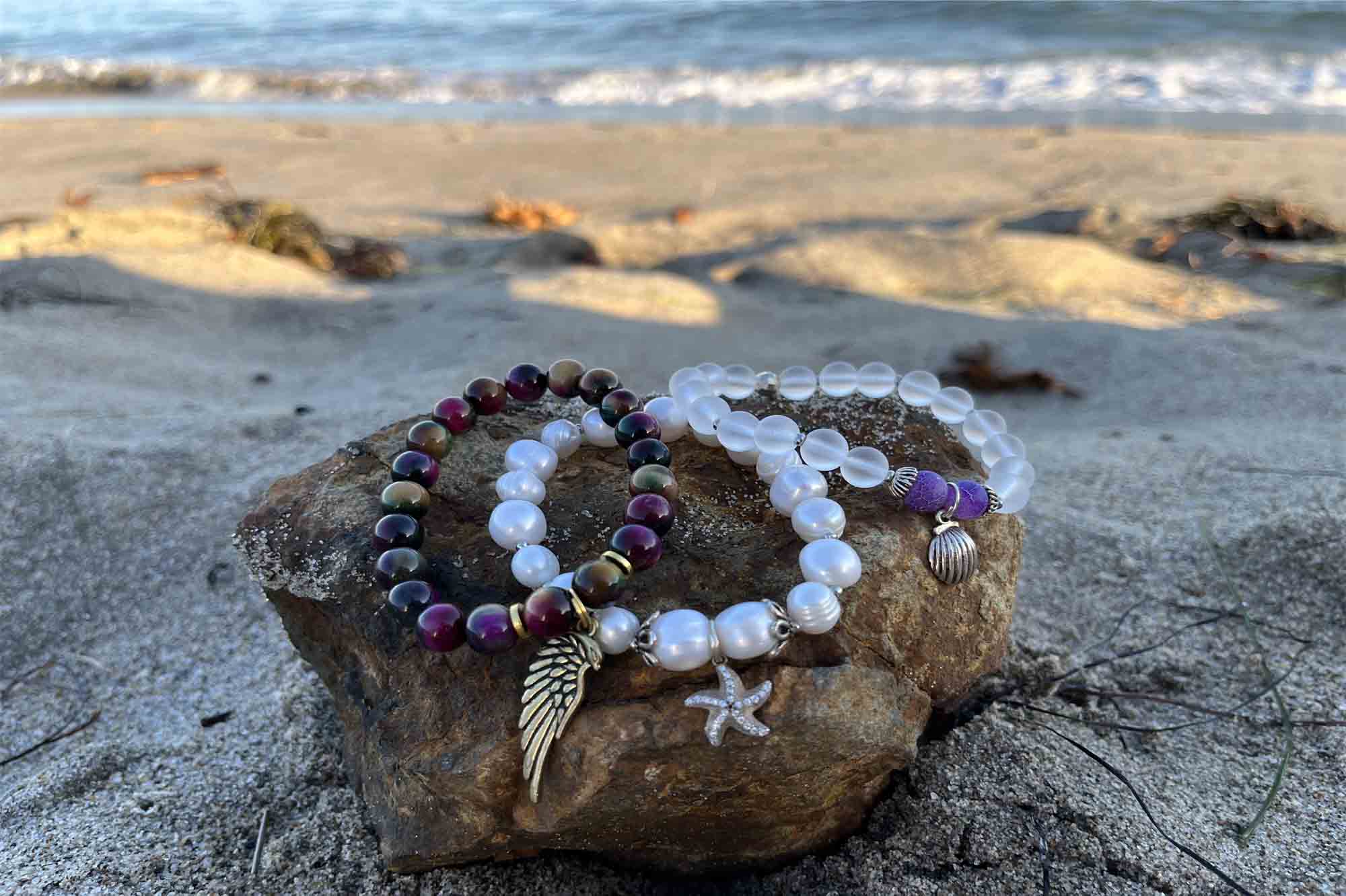 beaded bracelet natural stone clear matte quartz and tiger eye sterling silver