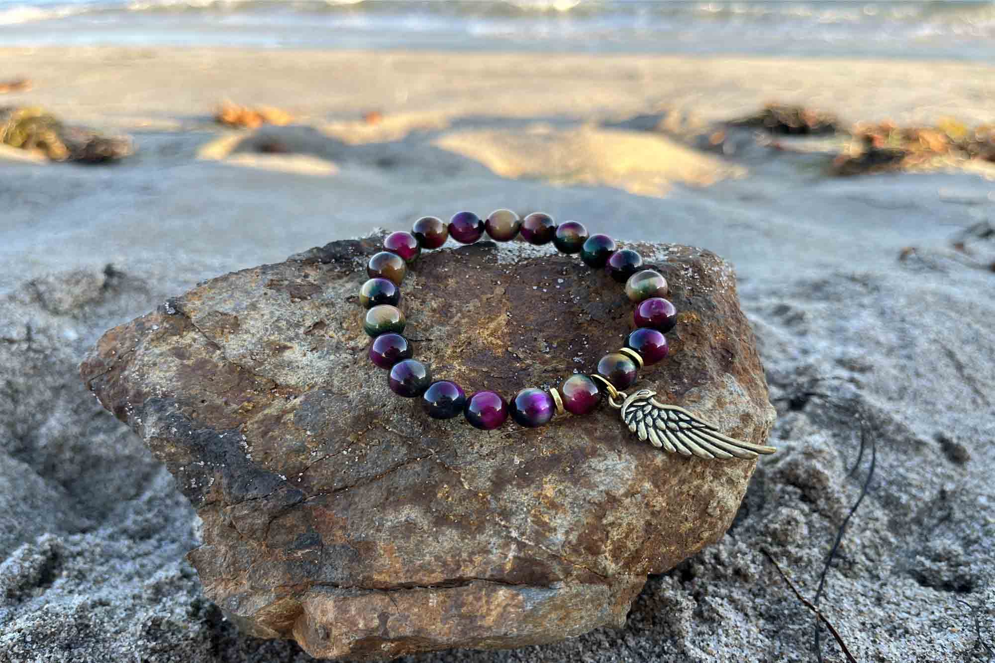 Tiger eye stone beaded bracelet with wing charm akasha bead bracelet gem bracelet