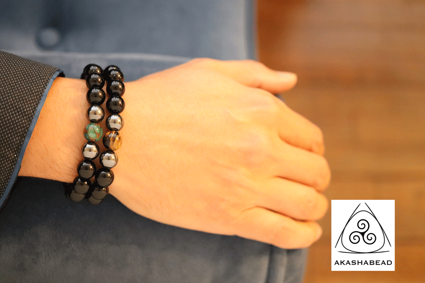 Balance Energy with Blue sky jasper, Onyx, Hematite and tiger eye 12 mm beads
