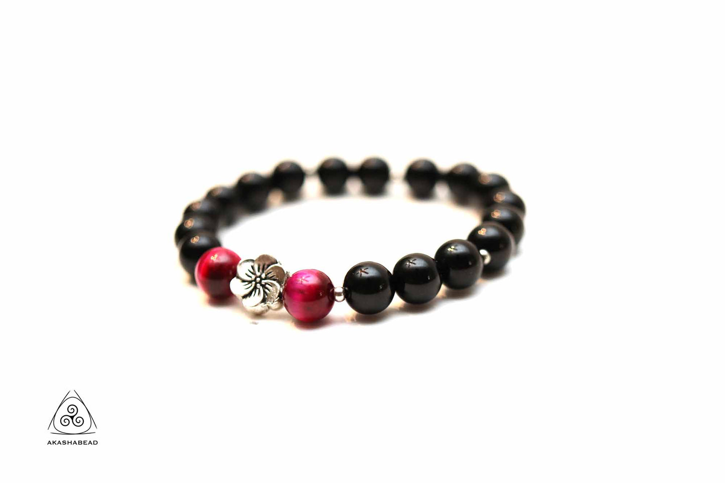 Black onyx with fuchsia Tiger eye beaded bracelet Natural gem 8mm