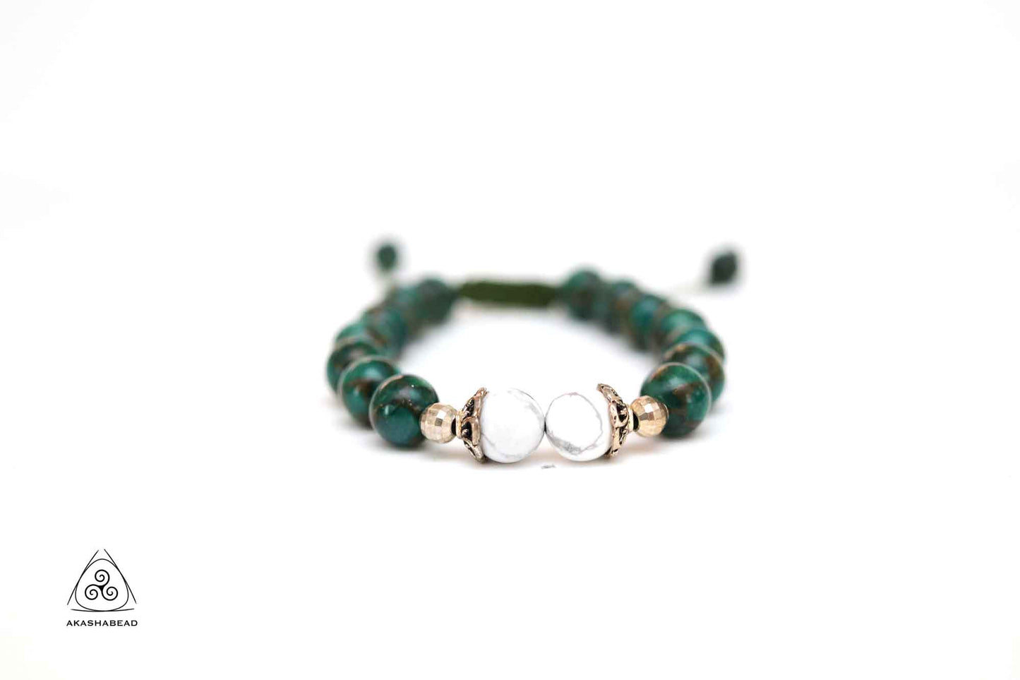 Sterling silver charm Natural Imperial Green Jasper and Howlite Stone adjustable bracelet 8mm