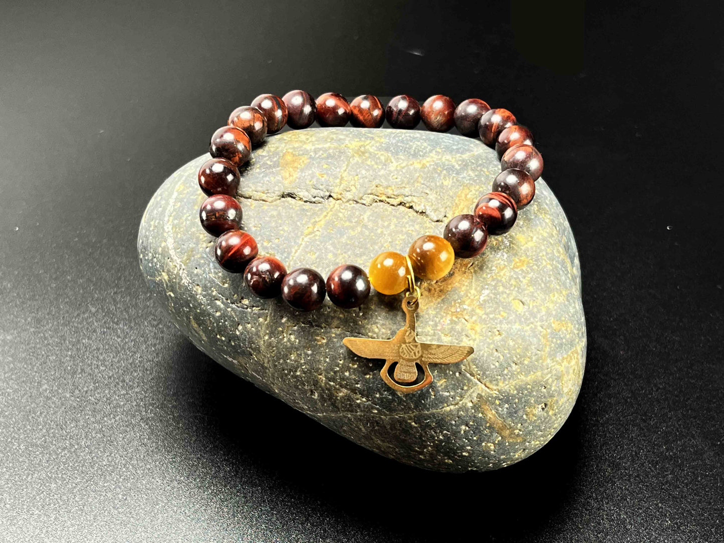 Farvahar men's beaded bracelet Black Onyx and red tiger eye