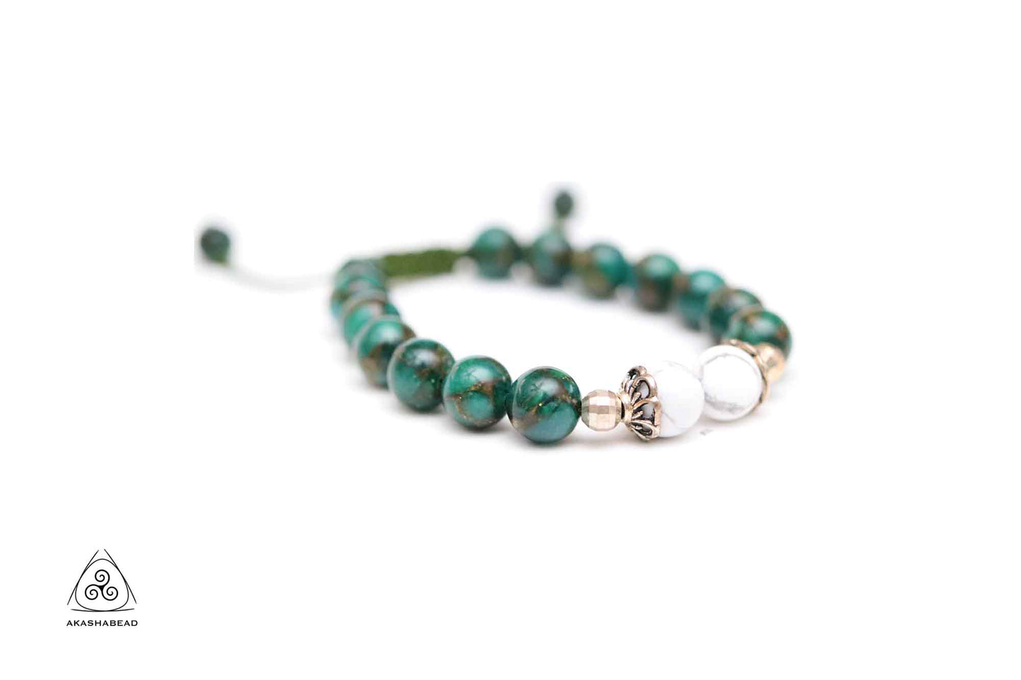 Sterling silver charm Natural Imperial Green Jasper and Howlite Stone adjustable bracelet 8mm