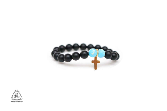 Turquoise stone and Matte Onyx with cross charm 8mm