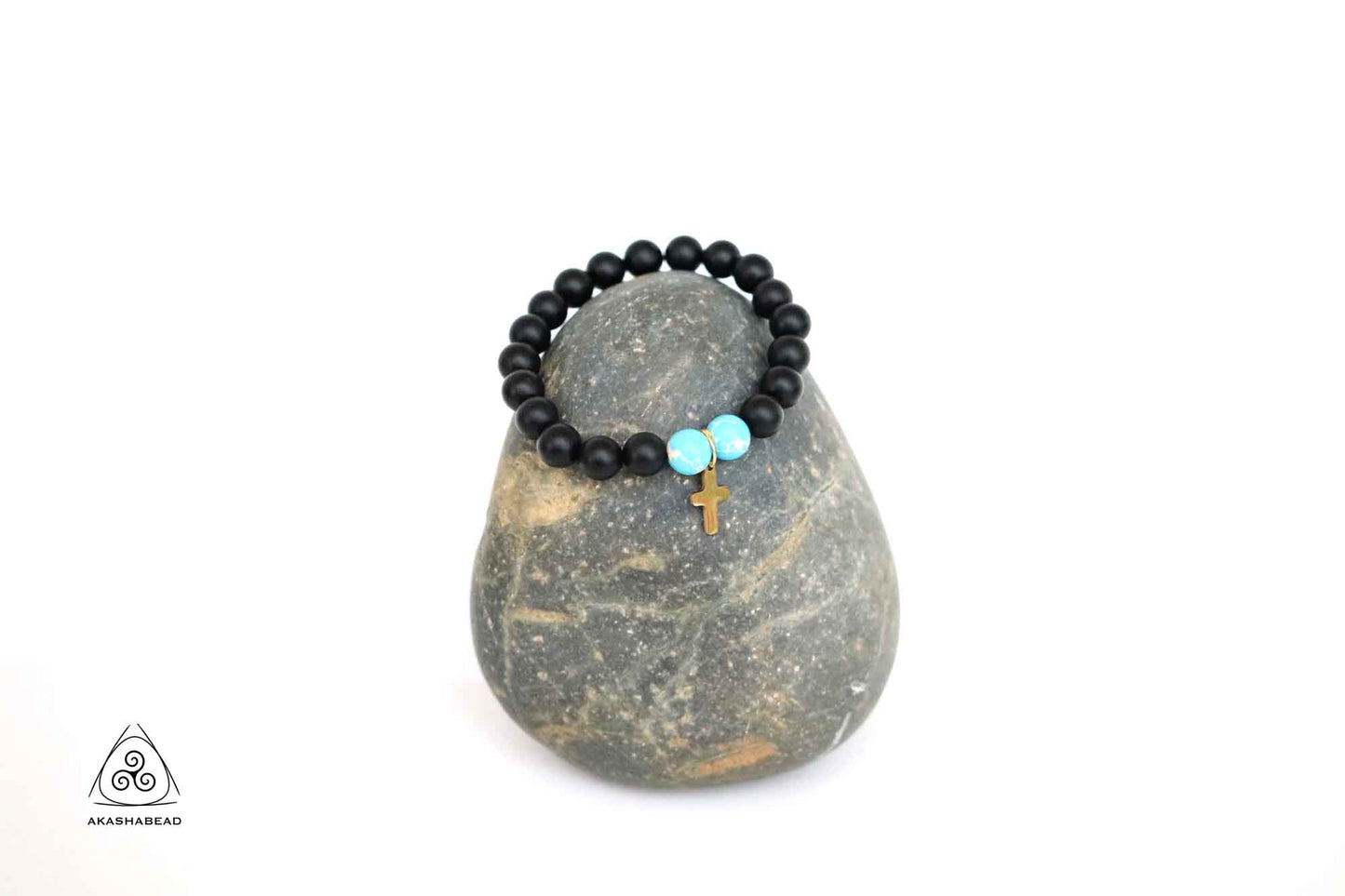 Turquoise stone and Matte Onyx with cross charm 8mm