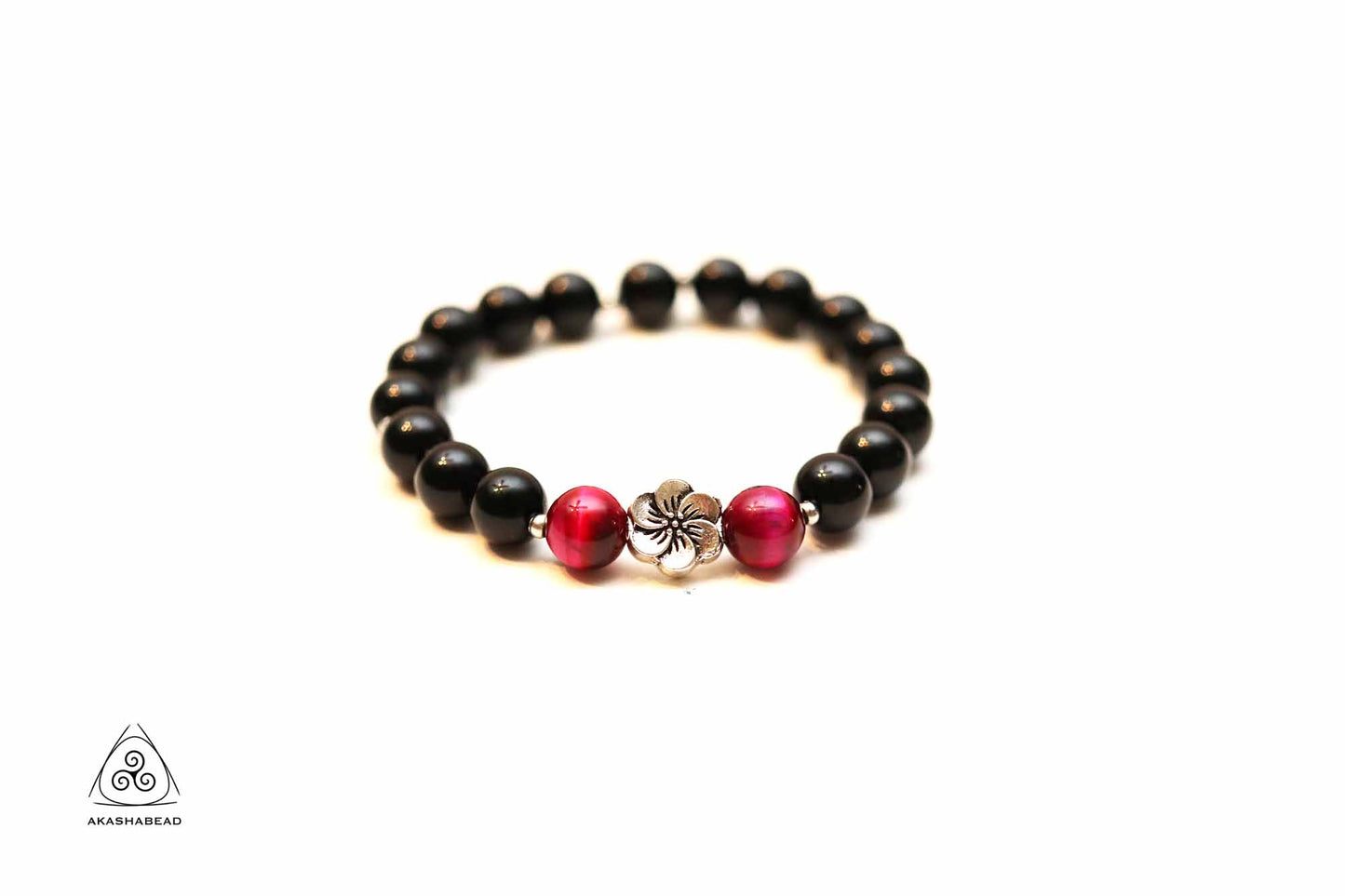 Black onyx with fuchsia Tiger eye beaded bracelet  Natural gem 8mm