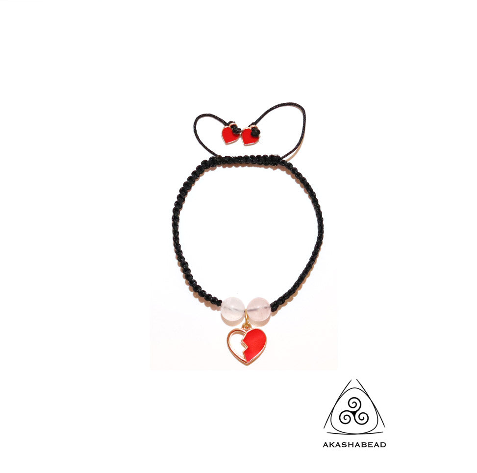 Adjustable Black Braided bracelet with heart charm and two rose quartz natural stone