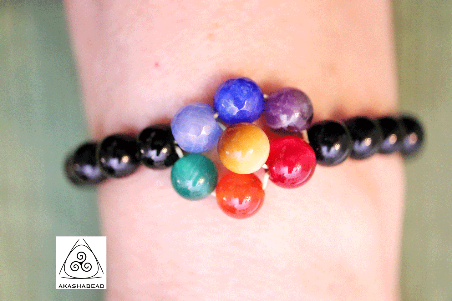 Chakra Flower bracelet Natural gemstone with Onyx stone