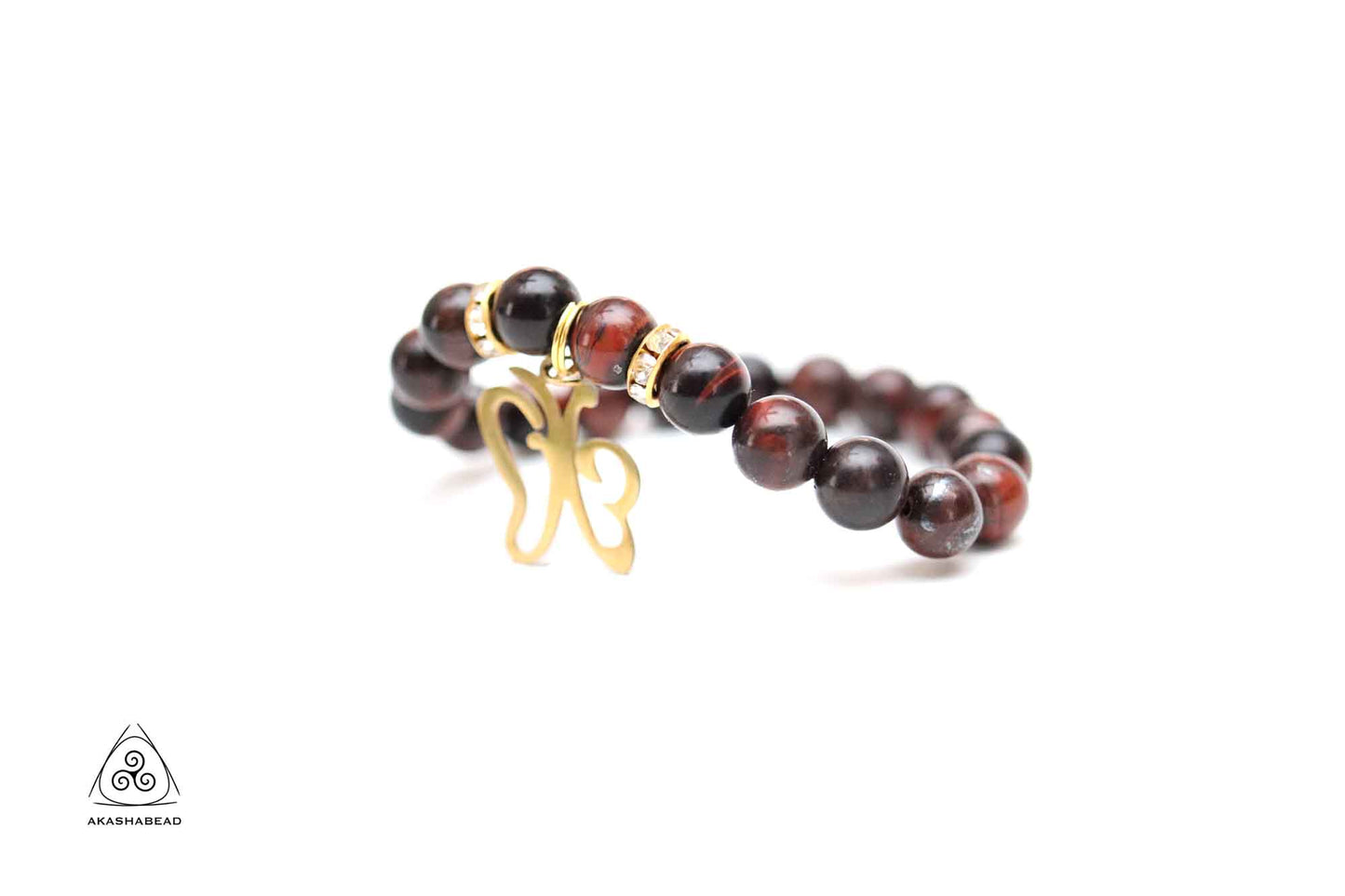 Natural Red Tiger eye Bracelet with Butterfly charm gold color 8mm