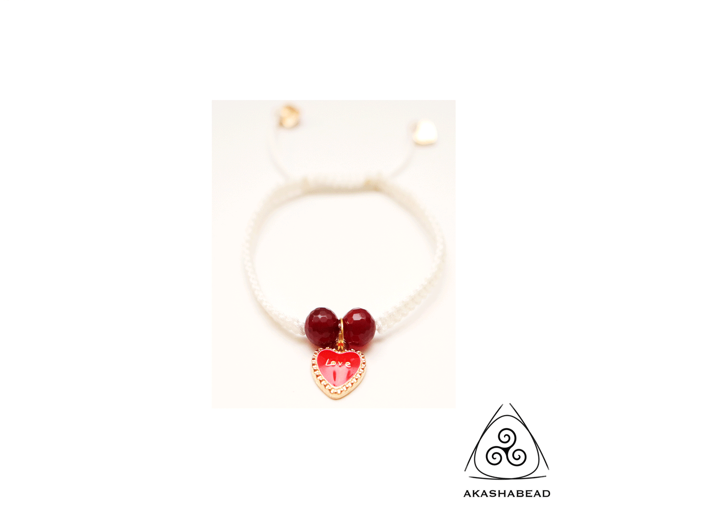 White braided bracelet with heart charm and two red jade ruby natural stone 8mm | adjustable bracelet