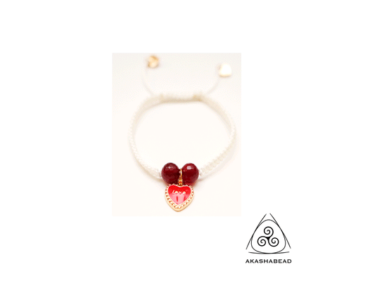 White braided bracelet with heart charm and two red jade ruby natural stone 8mm | adjustable bracelet