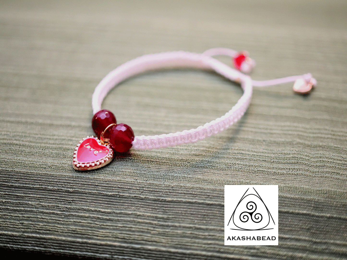 White braided bracelet with heart charm and two red jade ruby natural stone 8mm | adjustable bracelet