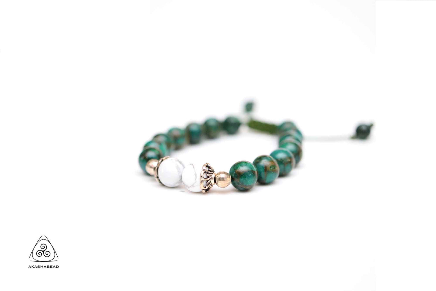 Sterling silver charm Natural Imperial Green Jasper and Howlite Stone adjustable bracelet 8mm