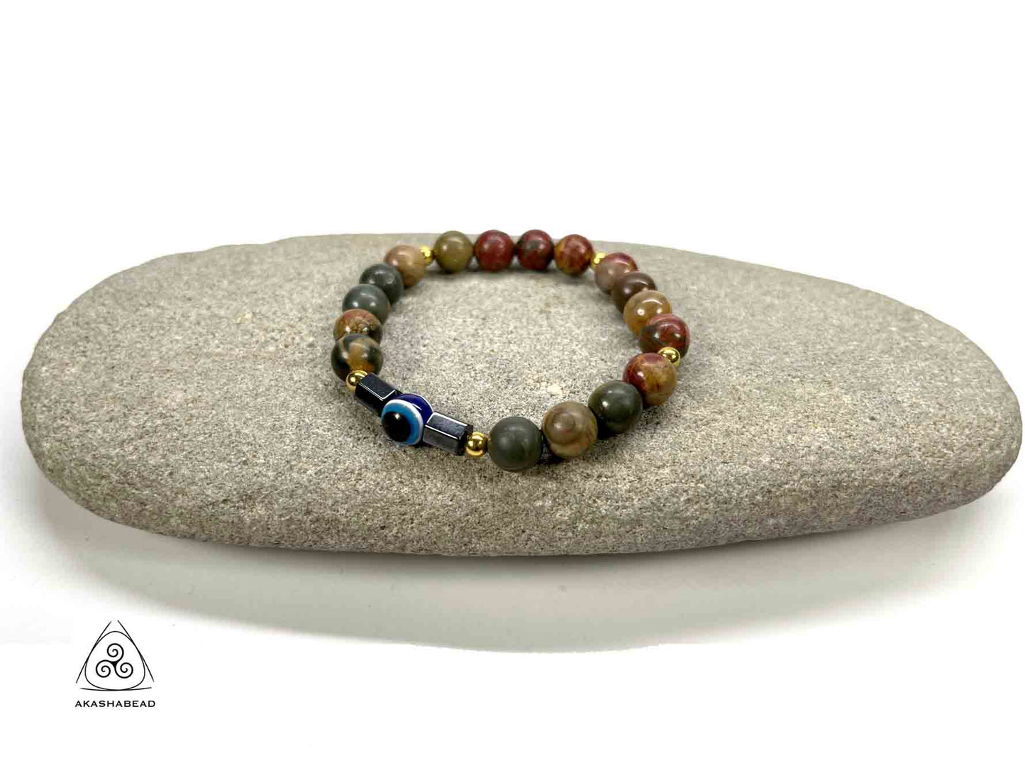 Picasso Jasper Evil Eye beaded bracelet with hematite 8mm