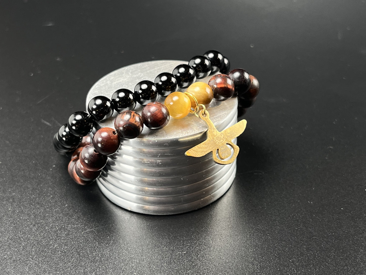 Farvahar men's beaded bracelet Black Onyx and red tiger eye