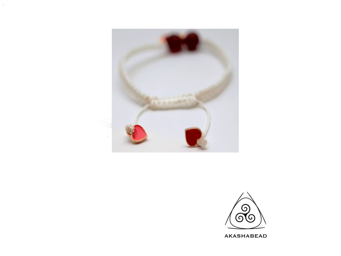 White braided bracelet with heart charm and two red jade ruby natural stone 8mm | adjustable bracelet