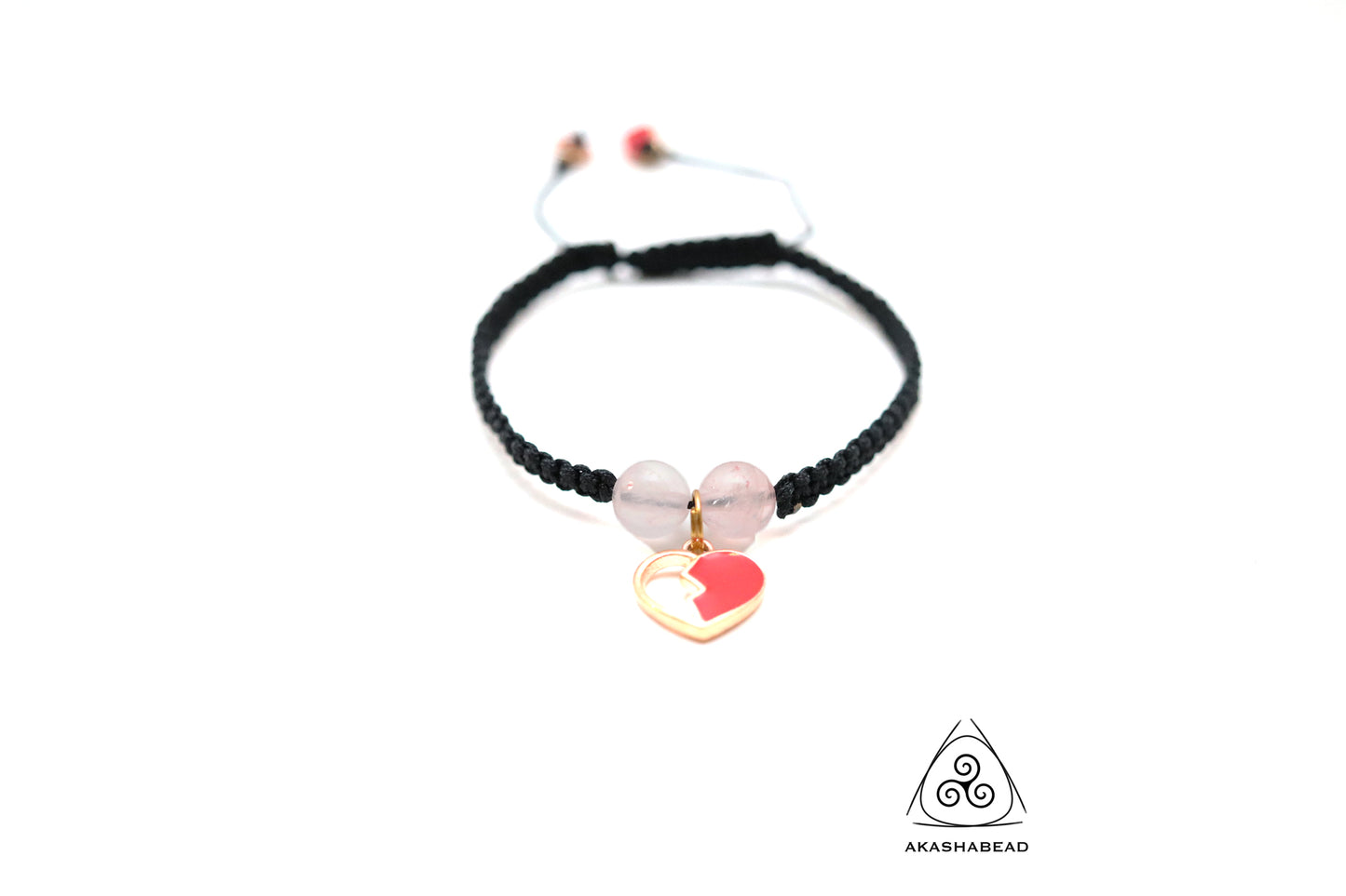 Adjustable Black Braided bracelet with heart charm and two rose quartz natural stone