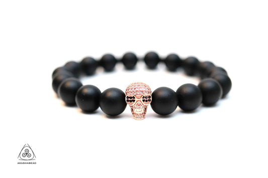 Skull bracelet with natural black Matte natural 8mm bead