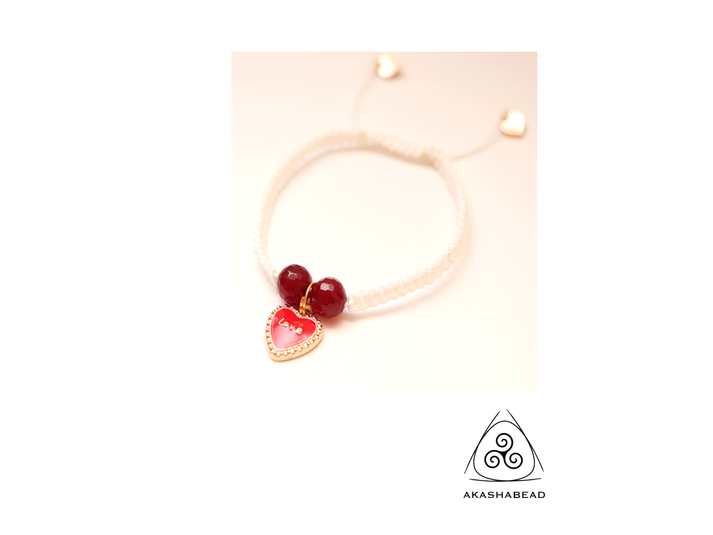 White braided bracelet with heart charm and two red jade ruby natural stone 8mm | adjustable bracelet