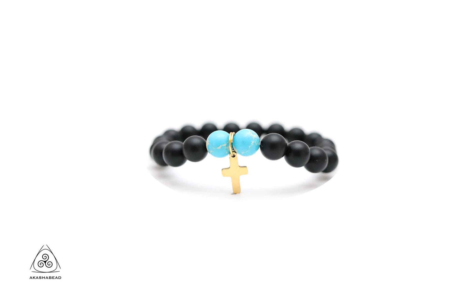 Turquoise stone and Matte Onyx with cross charm 8mm