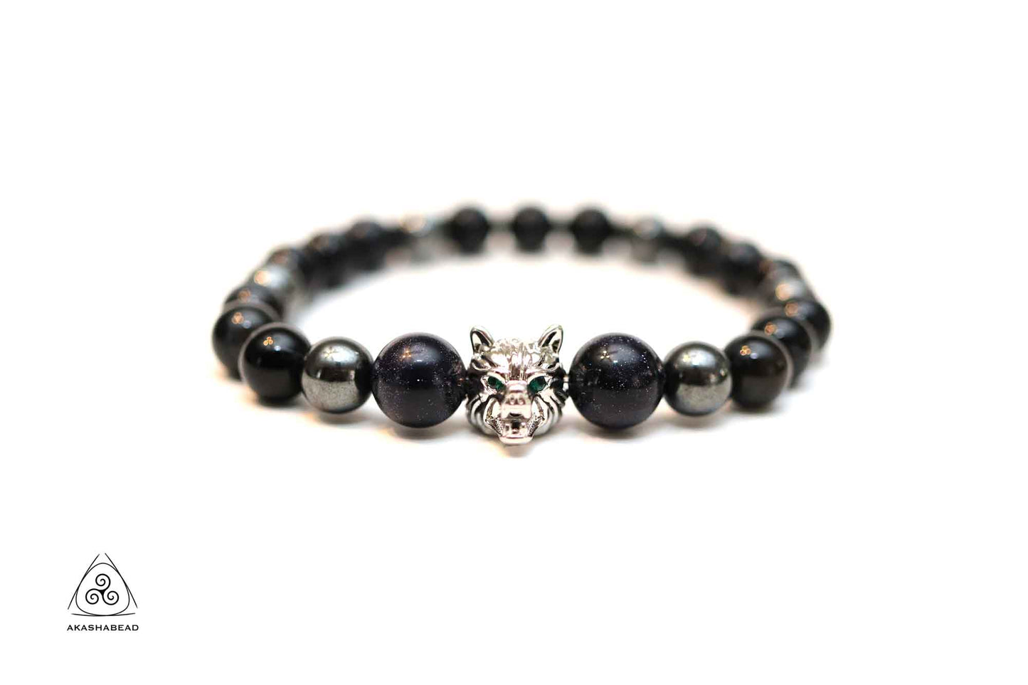 Wolf charm Men Bracelet with shinny onyx Onyx and Hematite 8mm bead and 10mm shinny agate