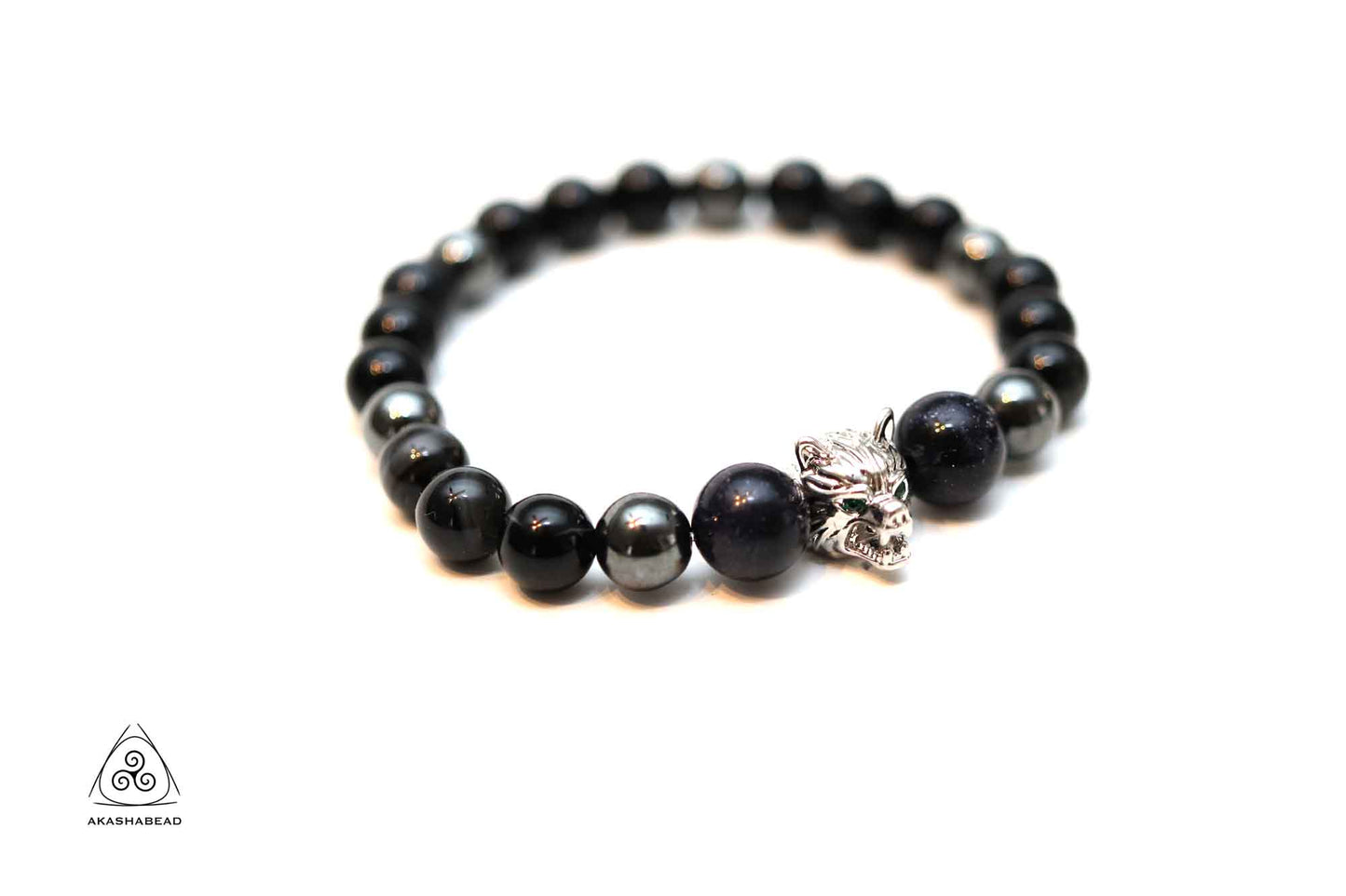 Wolf charm Men Bracelet with shinny onyx Onyx and Hematite 8mm bead and 10mm shinny agate