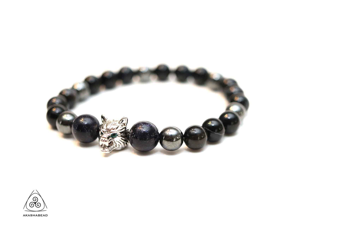 Wolf charm Men Bracelet with shinny onyx Onyx and Hematite 8mm bead and 10mm shinny agate